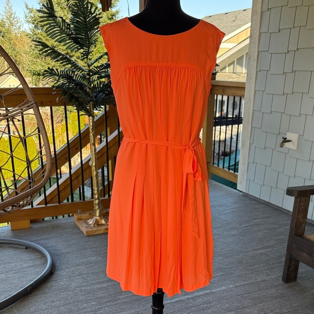 Ann Taylor LOFT | Bright Coral Orange Silk Pleated Sleeveless Dress